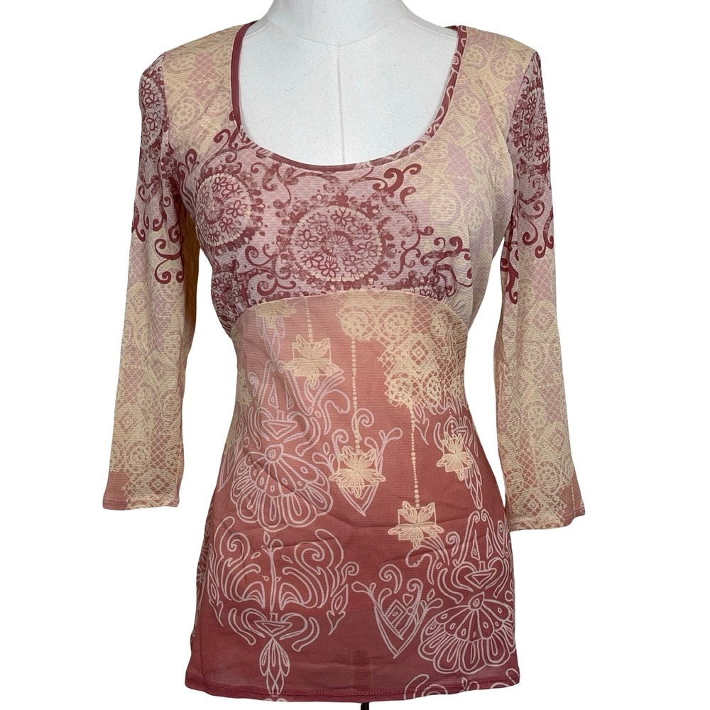 Vintage‎ Axcess Mesh Top Womens M Pink Orange Boho Mandala 3/4 Sleeve Y2K Artsy